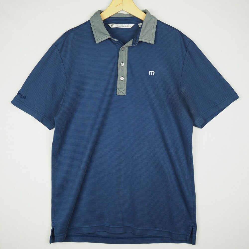 Travis Mathew Cotton Blend Golf Polo Shirt Mens M Blue Gray Corporate Logo